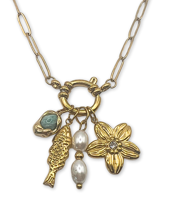 Schakelketting goudkleurig roestvrijstaal met bedels,vis, bloem, natuursteen en imitatieparel