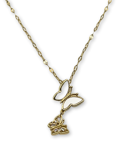 Goudkleurige roestvrijstalen ketting met twee vlinders in wit emaille en kleine strasssteentjes