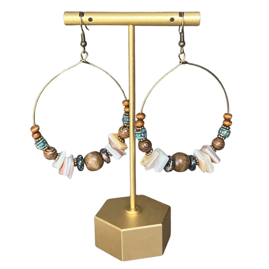 Oorbellen rond met natuursteen bruin, koper, wit