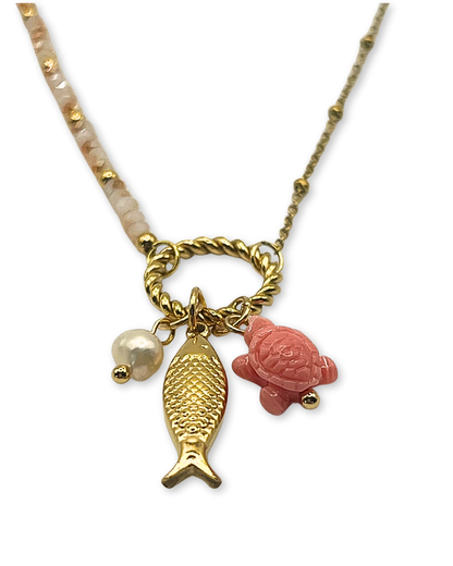 Goudkleurige roestvrijstalen ketting met zoetwaterparel, vis en roze schildpadje