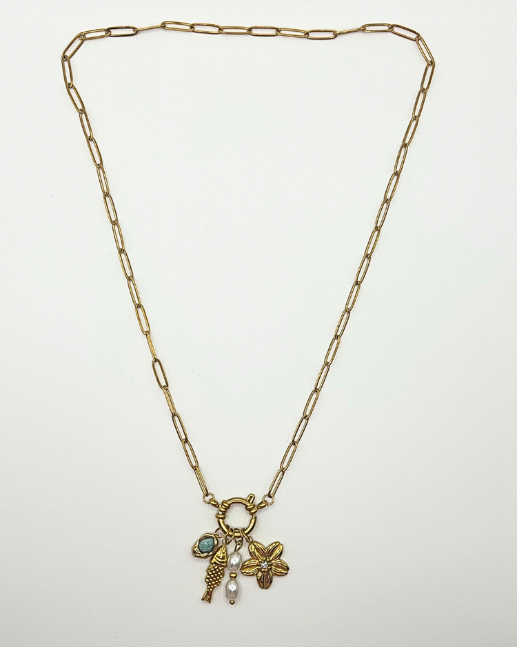 Schakelketting goudkleurig roestvrijstaal met bedels,vis, bloem, natuursteen en imitatieparel