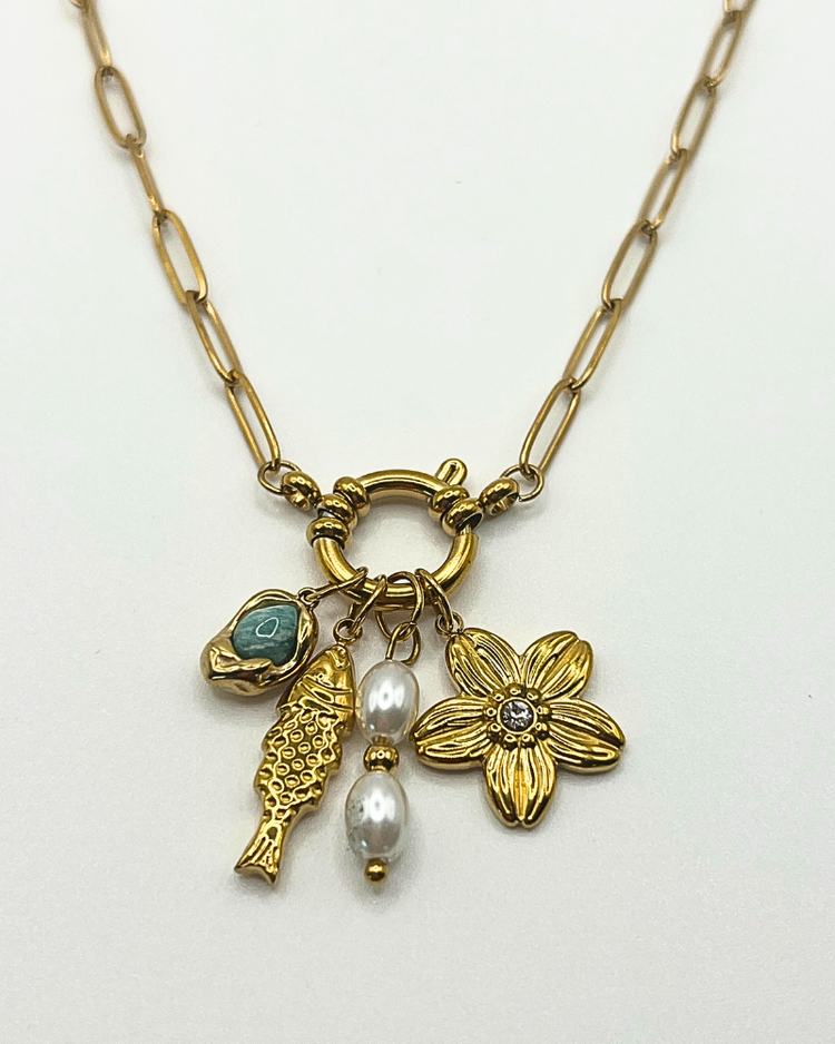 Schakelketting goudkleurig roestvrijstaal met bedels,vis, bloem, natuursteen en imitatieparel