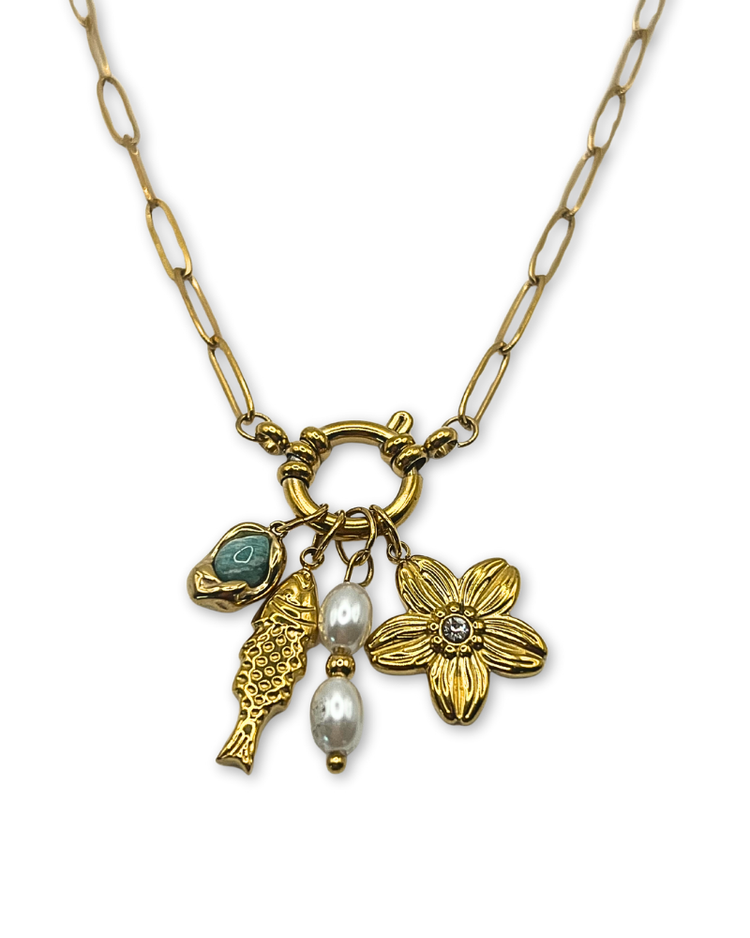 Schakelketting goudkleurig roestvrijstaal met bedels,vis, bloem, natuursteen en imitatieparel