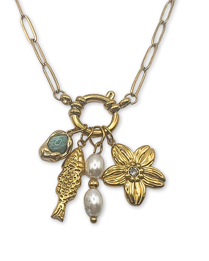 Schakelketting goudkleurig roestvrijstaal met bedels,vis, bloem, natuursteen en imitatieparel