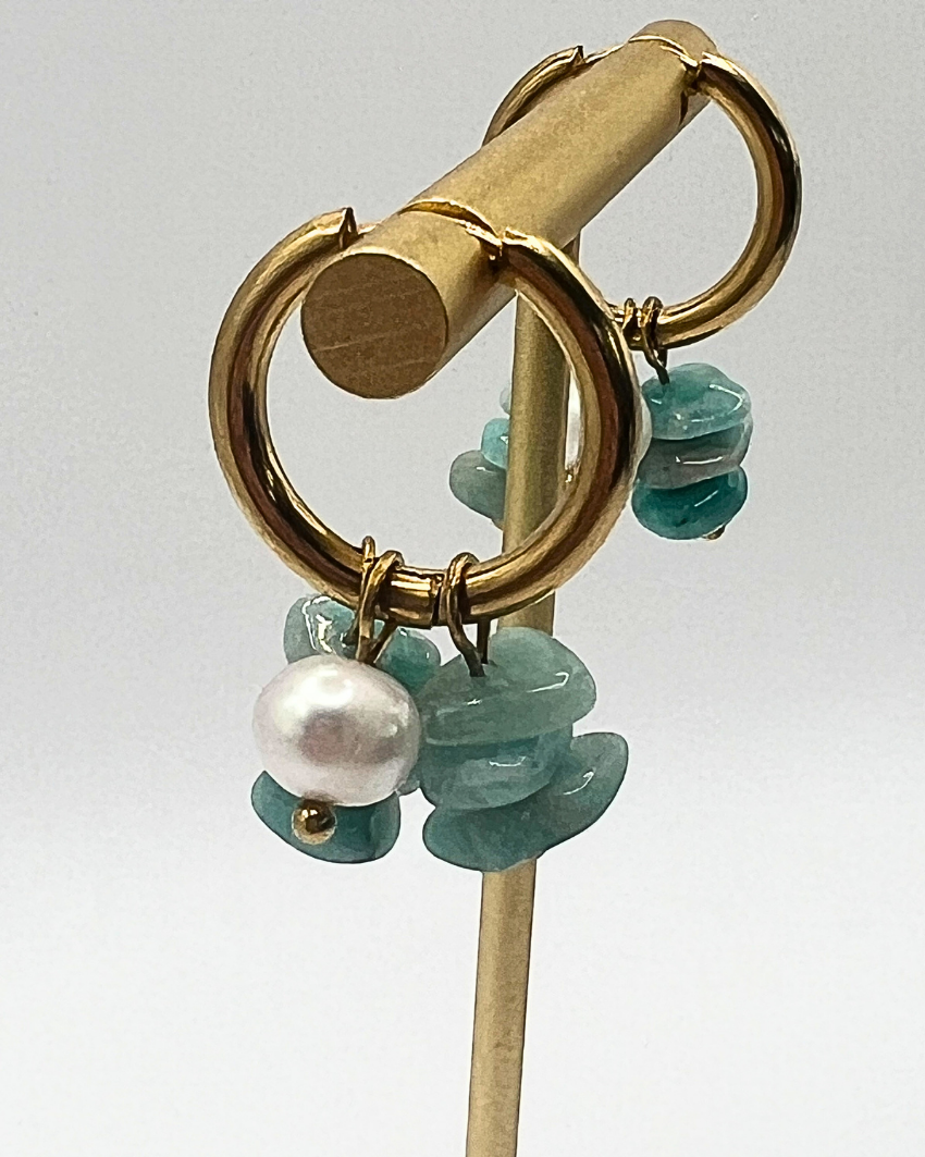 Oorringen met natuursteen turquoise en witte parel