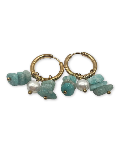 Oorringen met natuursteen turquoise en witte parel