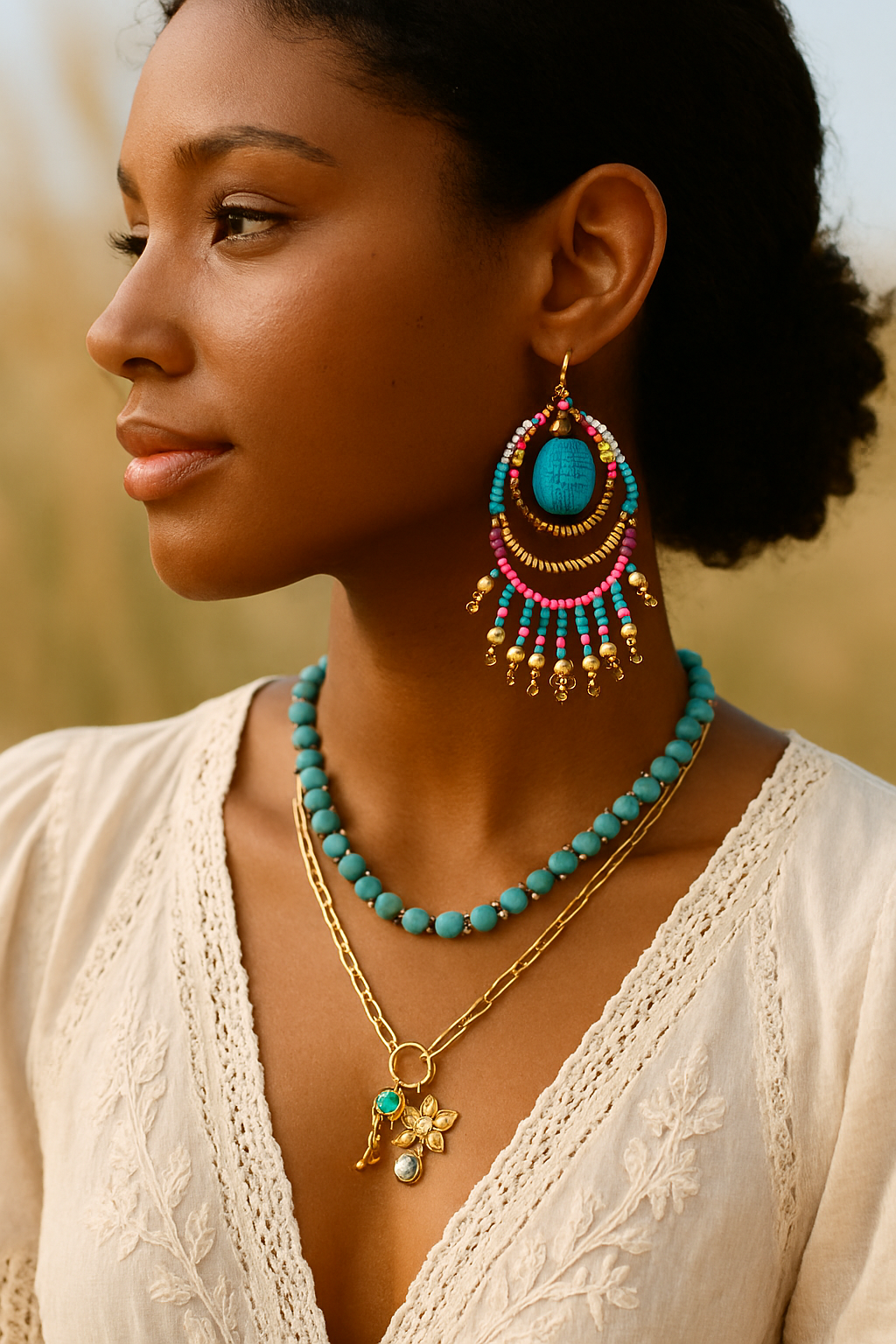 Oorbellen ovaal bohostijl goud, roze en blauw
